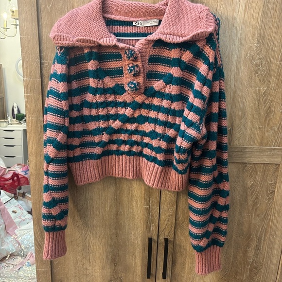 Zara Pink and Teal Striped Cowl Neck Sweater - Picture 3 of 8